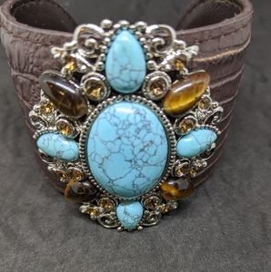Faux Turquoise, Leather band Cuff Bracelet